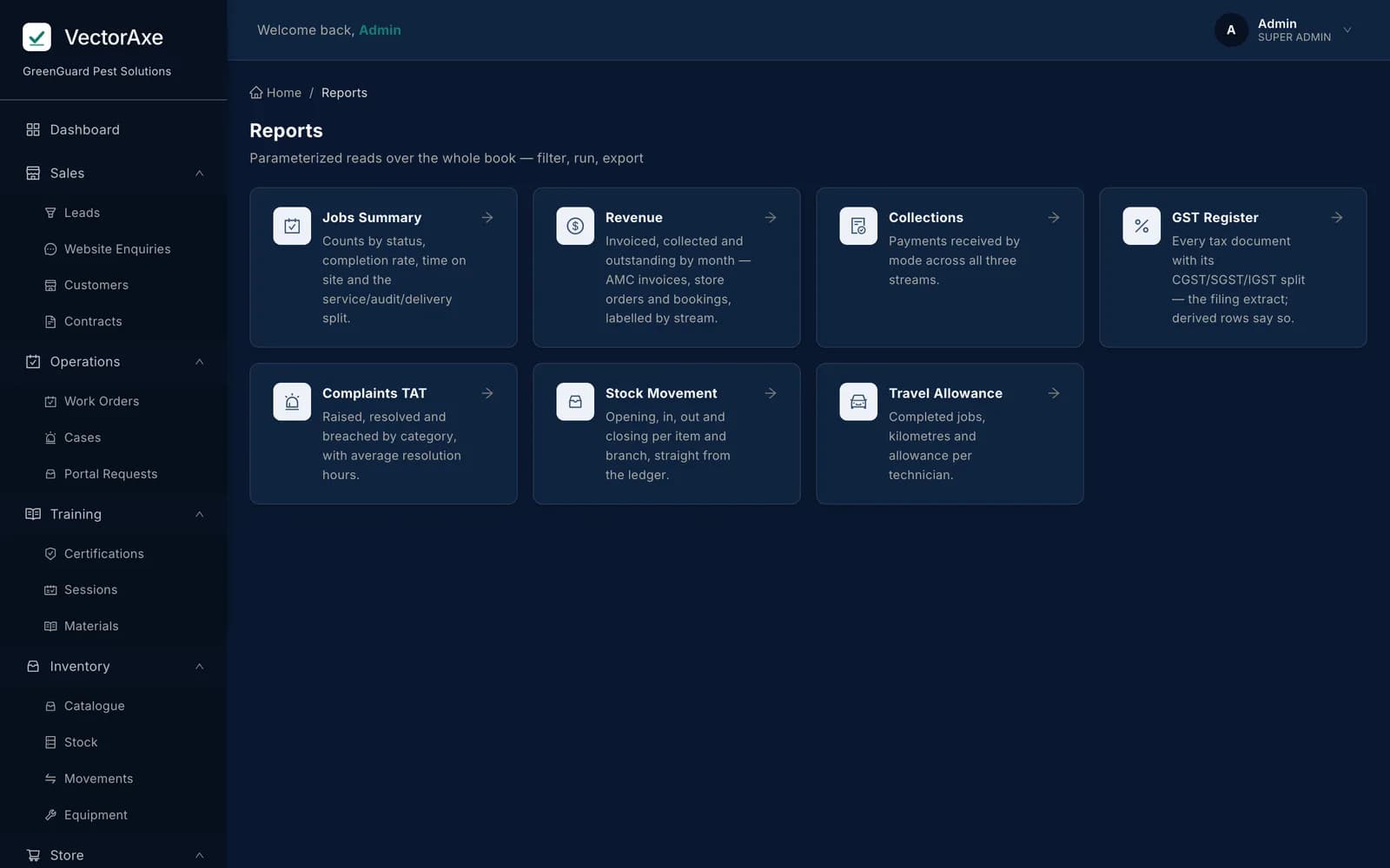 The VectorAxe reports library, showing available operational and financial reports