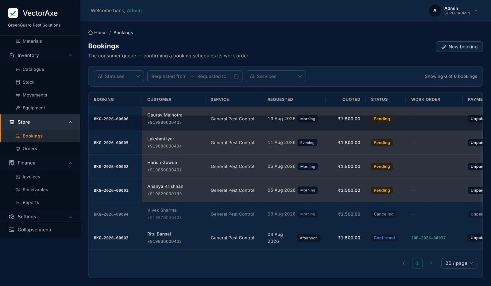 The VectorAxe bookings view, showing consumer bookings from the public storefront