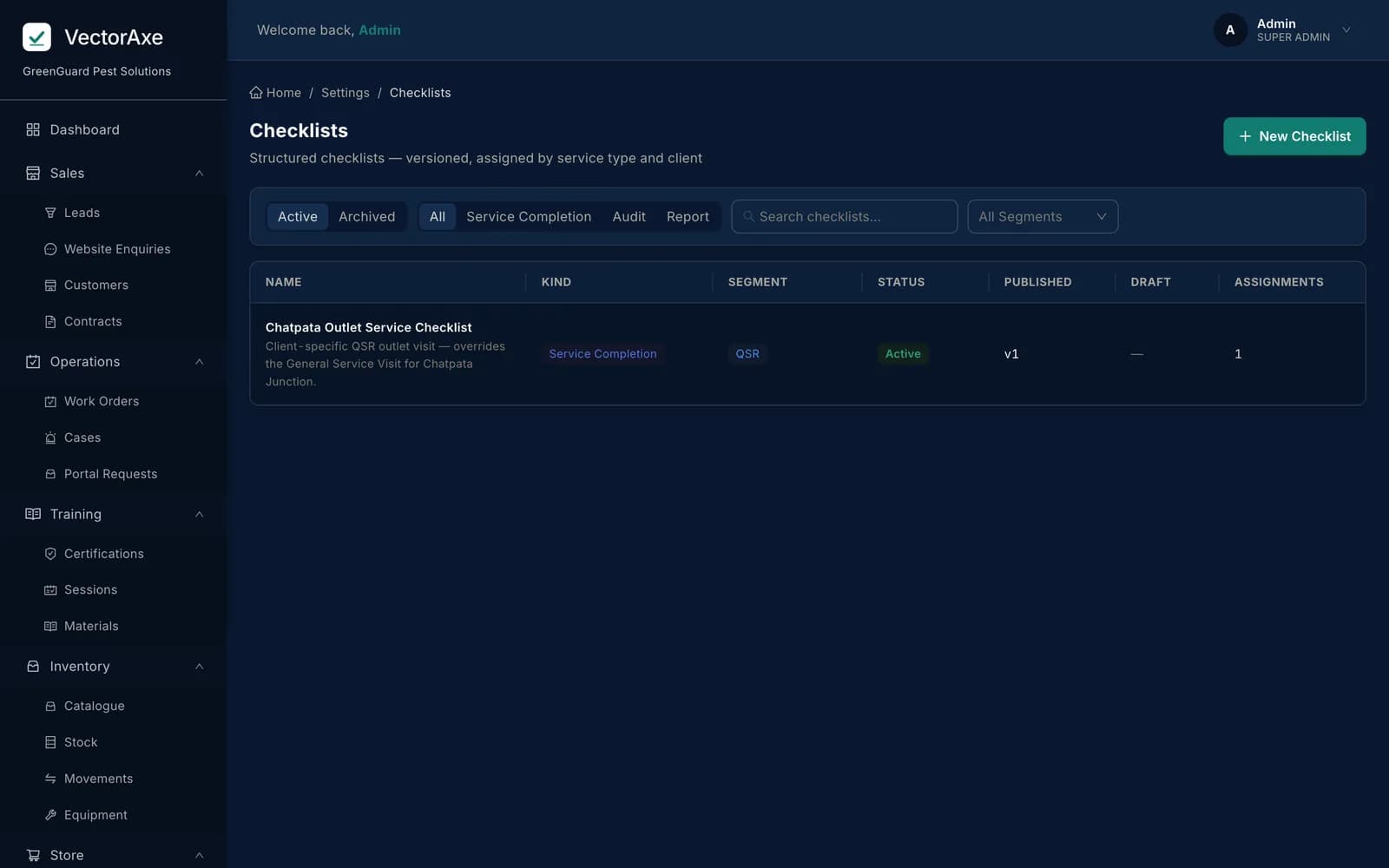 The VectorAxe checklist template builder, showing a versioned service checklist