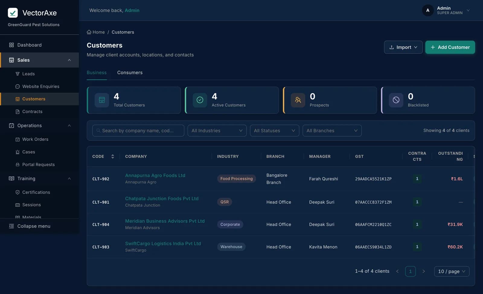 The VectorAxe customers view, showing the customer book contracts draw from