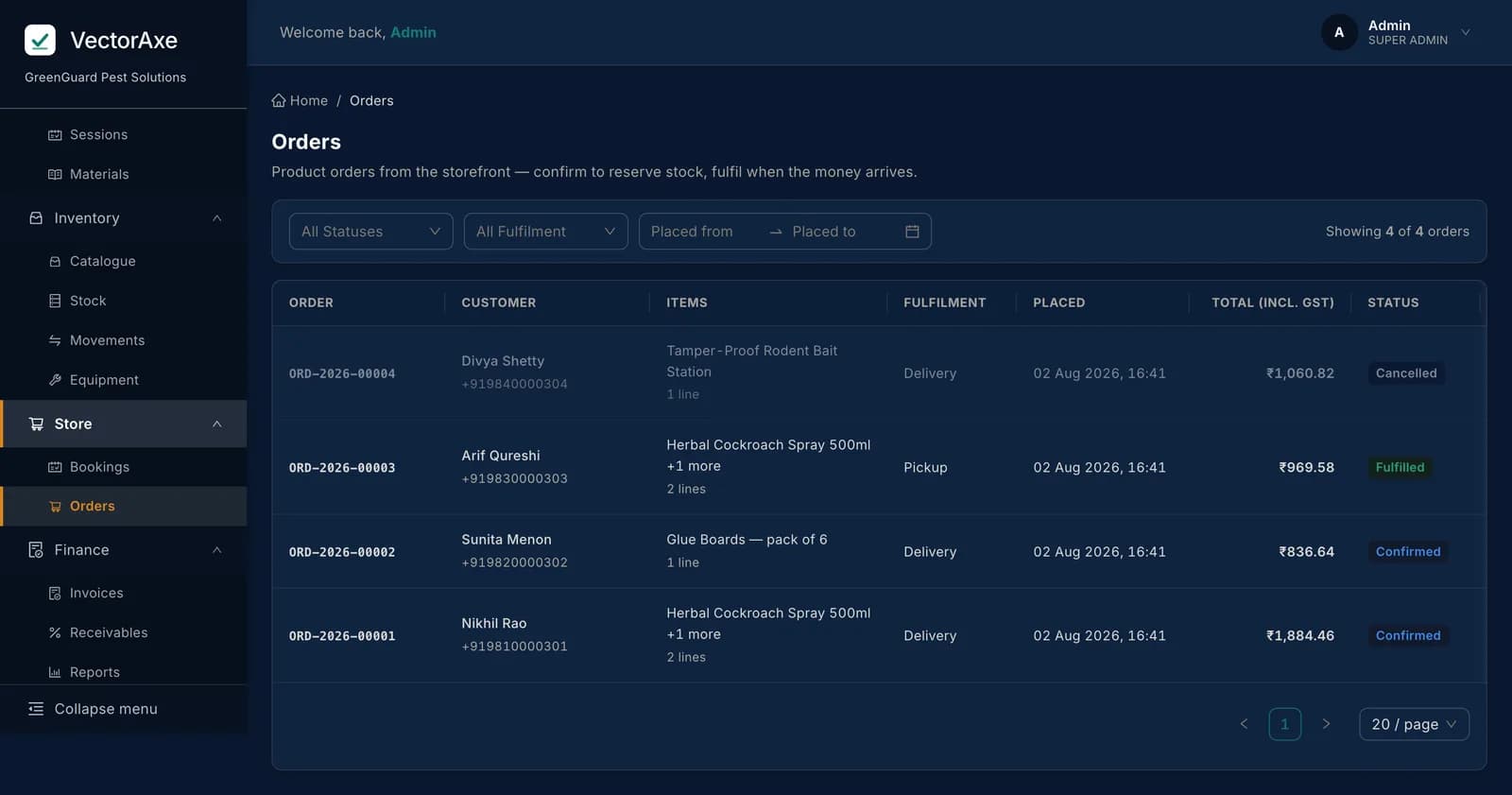 The VectorAxe orders view, showing shop orders with fulfilment status